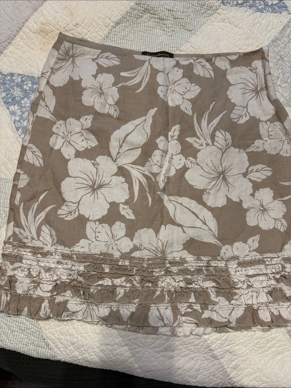 Tommy Bahama Taupe Mini Skirt with White Hibiscus Print